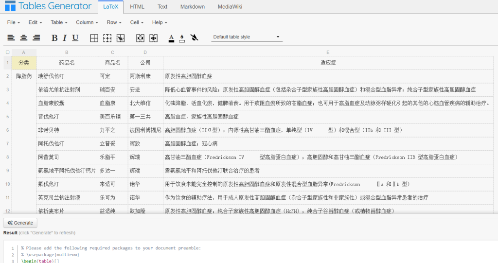 表格生成工具Tables Generator